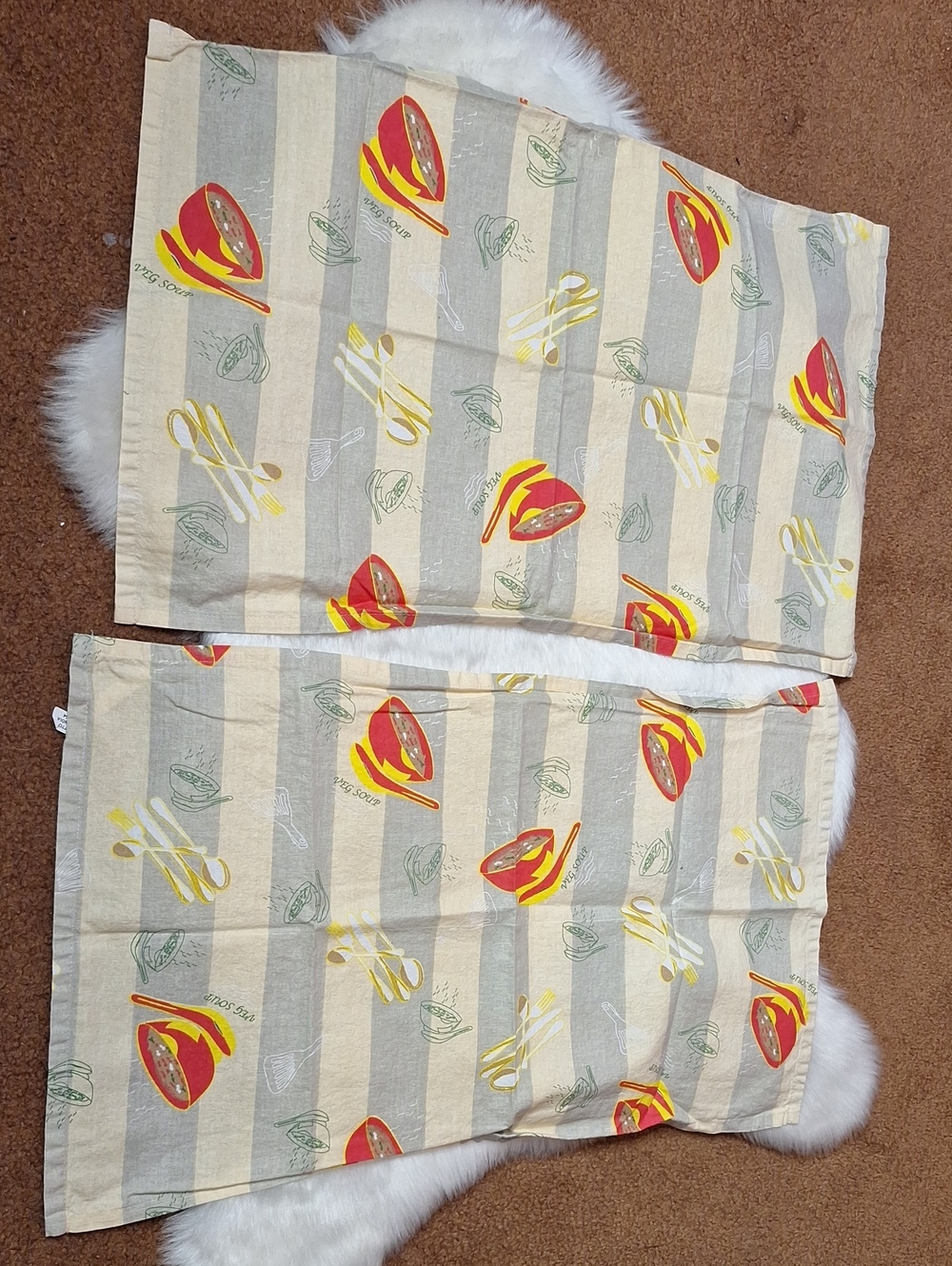 charming matching pair of vintage novelty soup kitchen tea towels/placemats